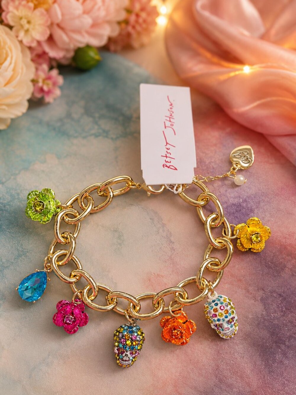 Betsey Johnson Bracelet Halloween Flower & Sugar Skull Charms Multi Color NWT